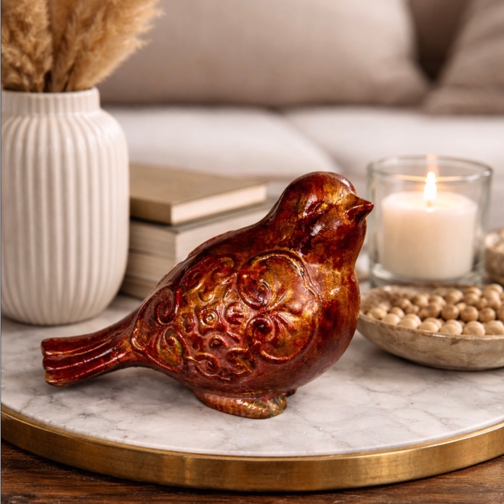 Hand crafted upcycled Red gold Ceramic rustic farmhouse Bird Figurine